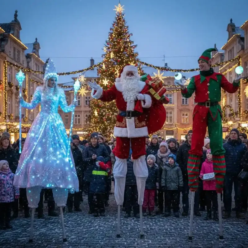 Three stilt-walking performers dressed as Christmas