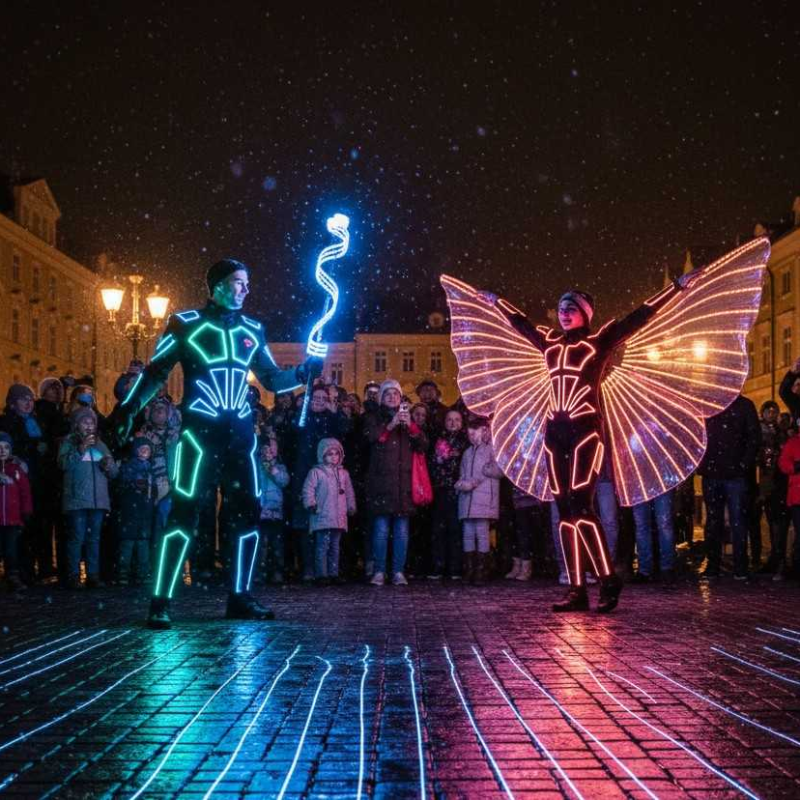 Two performers in vivid LED